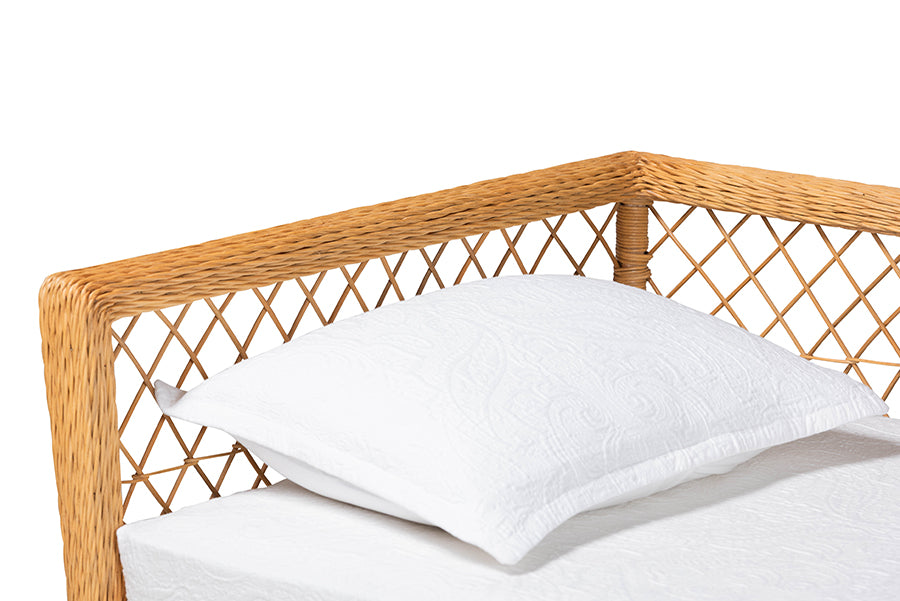 Bali & Pari Teresa Twin Natural Rattan Daybed – Handwoven Scalloped Sofa Bed Frame with Lattice Back, Coastal Boho Style FredCo