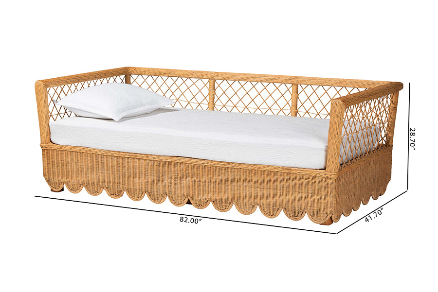 Bali & Pari Teresa Twin Natural Rattan Daybed – Handwoven Scalloped Sofa Bed Frame with Lattice Back, Coastal Boho Style FredCo