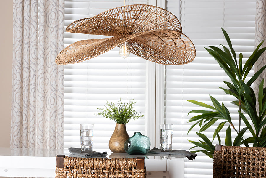 bali & pari Theanna Woven Jute Pendant Lampshade - Handwoven Boho Floral Light Fixture, Natural Wicker Ceiling Shade FredCo