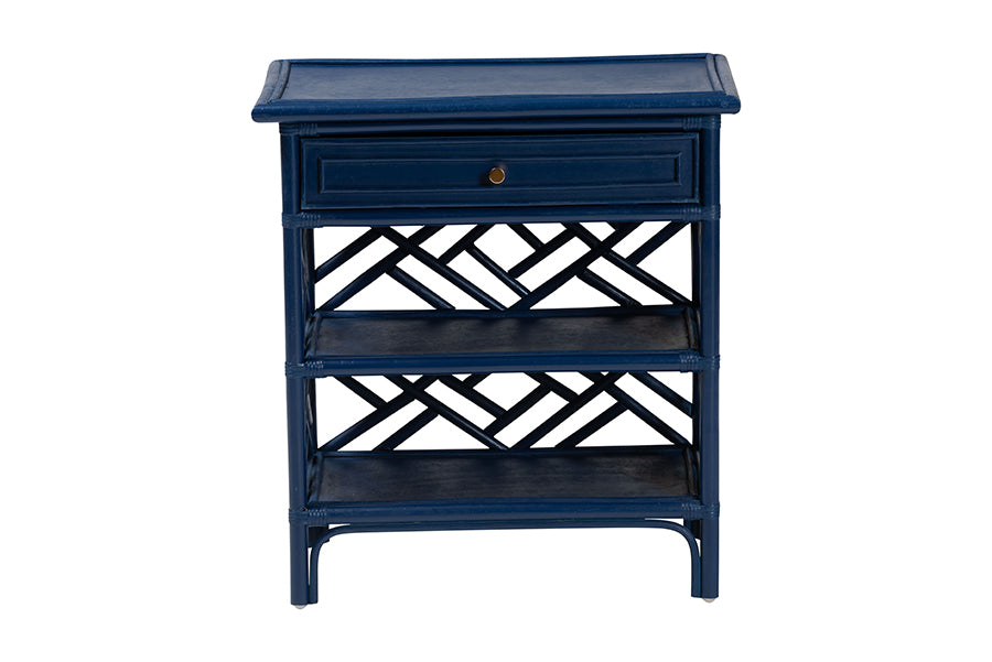 bali & pari Tiaret Natural Rattan Nightstand with Drawer and Shelves - Chippendale-Style Bedside Table for Bedroom or Coastal Living Spaces, Blue FredCo