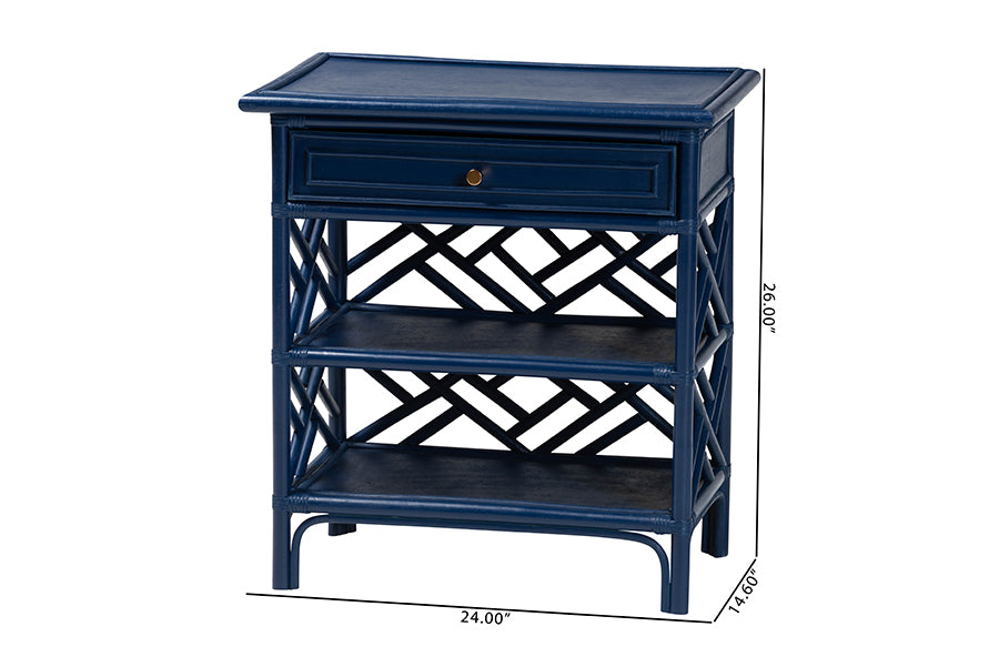 bali & pari Tiaret Natural Rattan Nightstand with Drawer and Shelves - Chippendale-Style Bedside Table for Bedroom or Coastal Living Spaces, Blue FredCo