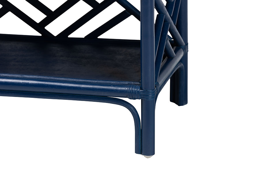 bali & pari Tiaret Natural Rattan Nightstand with Drawer and Shelves - Chippendale-Style Bedside Table for Bedroom or Coastal Living Spaces, Blue FredCo