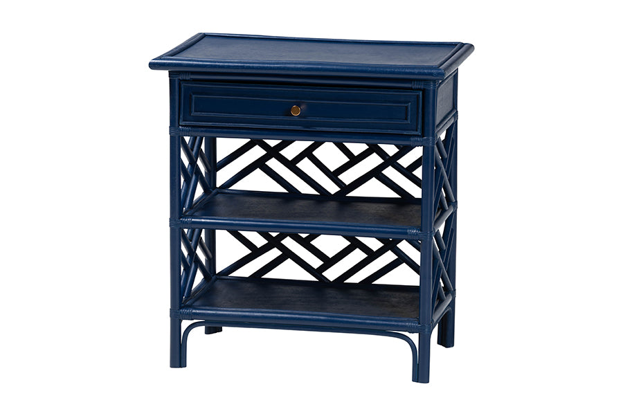 bali & pari Tiaret Natural Rattan Nightstand with Drawer and Shelves - Chippendale-Style Bedside Table for Bedroom or Coastal Living Spaces, Blue FredCo