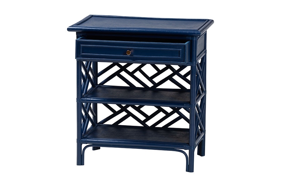 bali & pari Tiaret Natural Rattan Nightstand with Drawer and Shelves - Chippendale-Style Bedside Table for Bedroom or Coastal Living Spaces, Blue FredCo