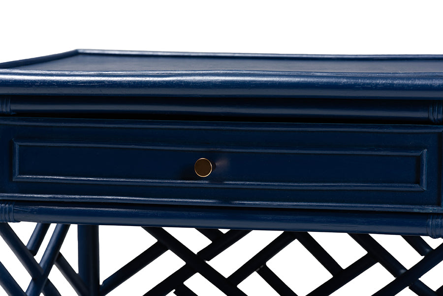 bali & pari Tiaret Natural Rattan Nightstand with Drawer and Shelves - Chippendale-Style Bedside Table for Bedroom or Coastal Living Spaces, Blue FredCo