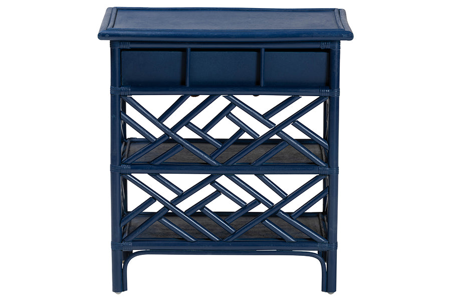 bali & pari Tiaret Natural Rattan Nightstand with Drawer and Shelves - Chippendale-Style Bedside Table for Bedroom or Coastal Living Spaces, Blue FredCo