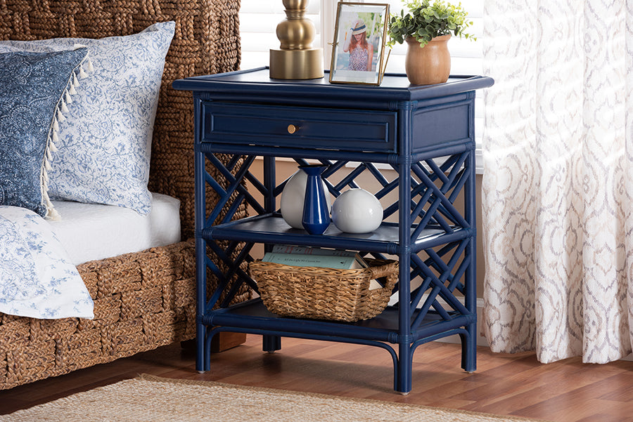 bali & pari Tiaret Natural Rattan Nightstand with Drawer and Shelves - Chippendale-Style Bedside Table for Bedroom or Coastal Living Spaces, Blue FredCo