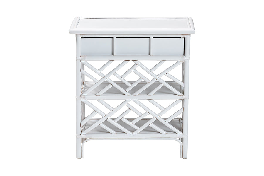 bali & pari Tiaret Natural Rattan Nightstand with Drawer and Shelves - Chippendale-Style Bedside Table for Bedroom or Coastal Living Spaces, White FredCo