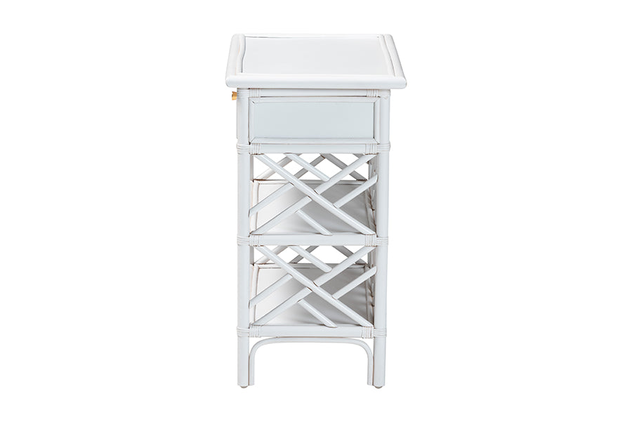 bali & pari Tiaret Natural Rattan Nightstand with Drawer and Shelves - Chippendale-Style Bedside Table for Bedroom or Coastal Living Spaces, White FredCo