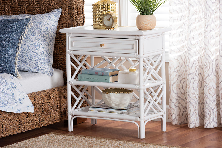 bali & pari Tiaret Natural Rattan Nightstand with Drawer and Shelves - Chippendale-Style Bedside Table for Bedroom or Coastal Living Spaces, White FredCo