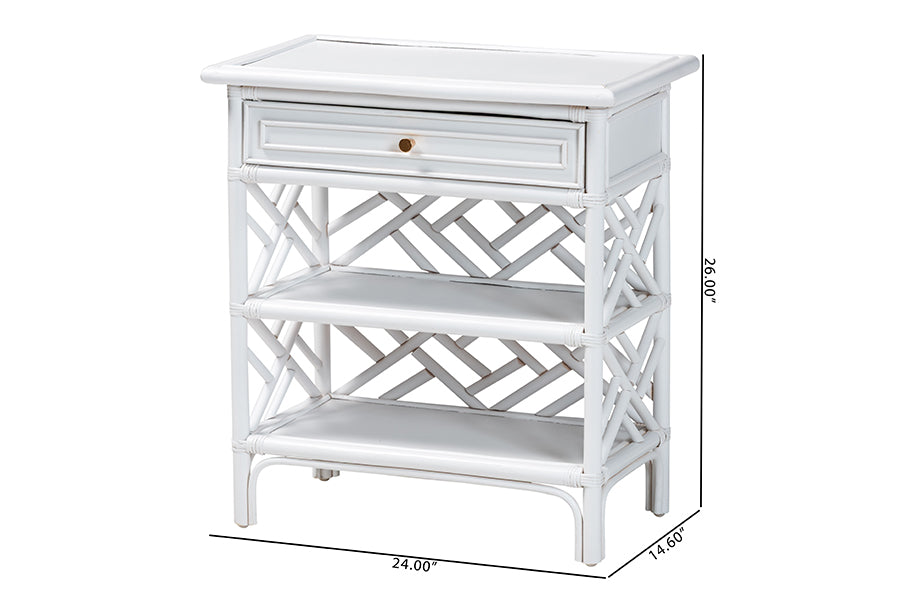 bali & pari Tiaret Natural Rattan Nightstand with Drawer and Shelves - Chippendale-Style Bedside Table for Bedroom or Coastal Living Spaces, White FredCo