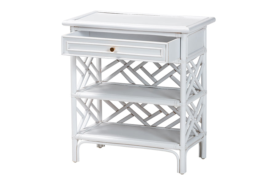 bali & pari Tiaret Natural Rattan Nightstand with Drawer and Shelves - Chippendale-Style Bedside Table for Bedroom or Coastal Living Spaces, White FredCo