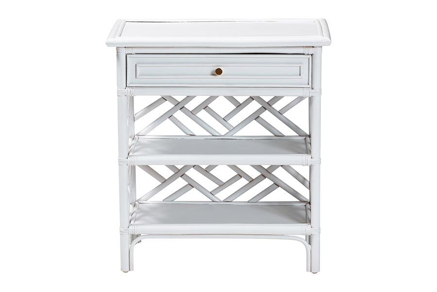 bali & pari Tiaret Natural Rattan Nightstand with Drawer and Shelves - Chippendale-Style Bedside Table for Bedroom or Coastal Living Spaces, White FredCo