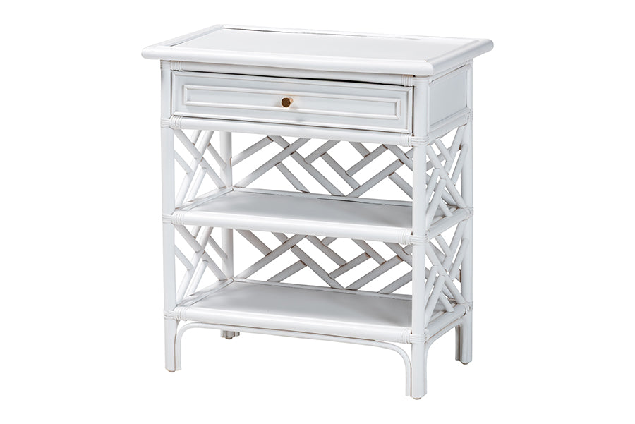 bali & pari Tiaret Natural Rattan Nightstand with Drawer and Shelves - Chippendale-Style Bedside Table for Bedroom or Coastal Living Spaces, White FredCo