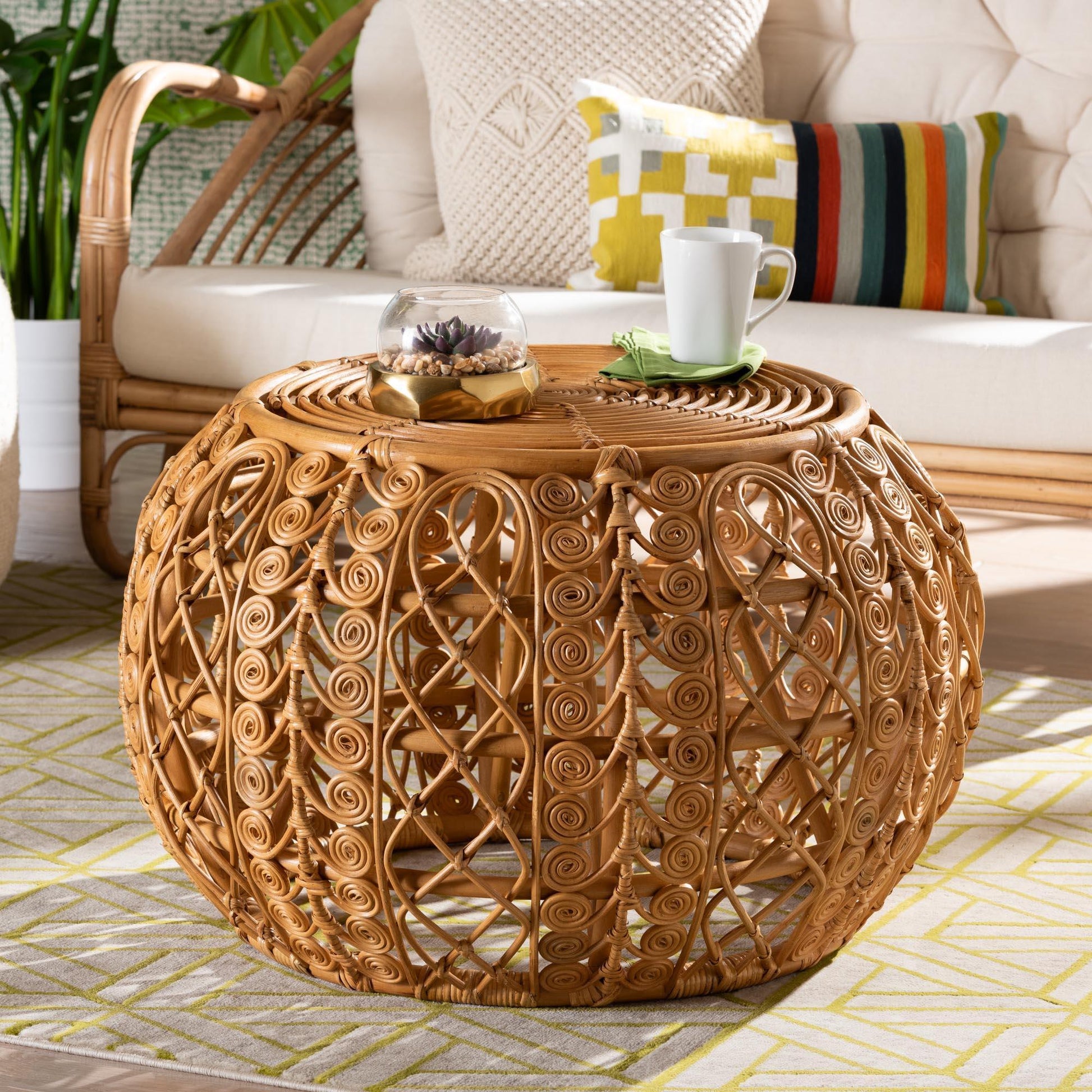 bali & pari Tiramisu Modern Bohemian Natural Brown Rattan Coffee Table FredCo