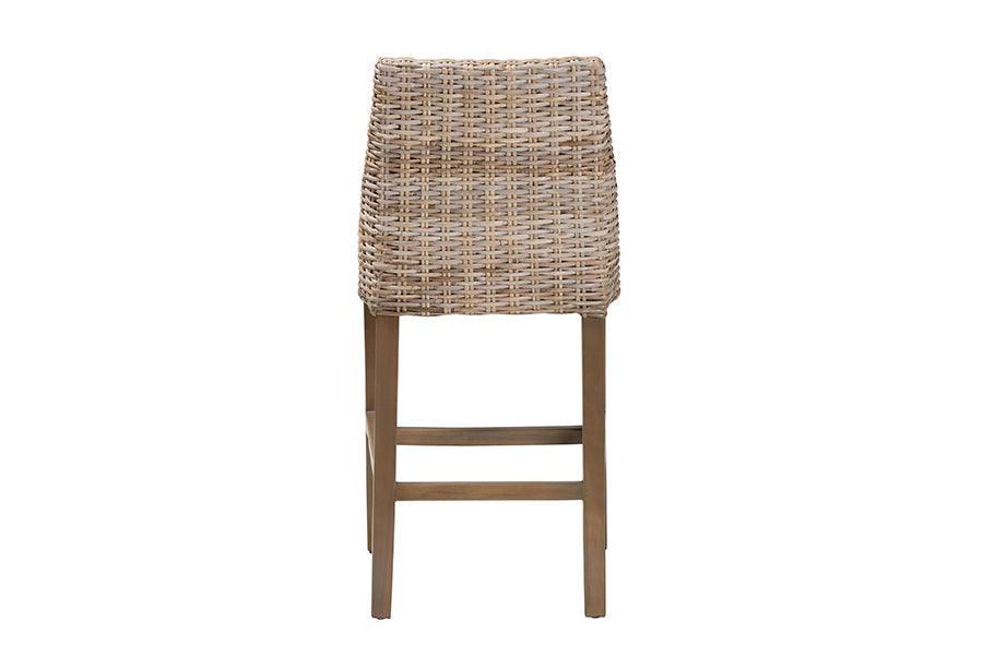 bali & pari Toby Modern Bohemian Grey Kubu Rattan and Rustic Taupe Finished Mahogany Wood Counter Stool FredCo