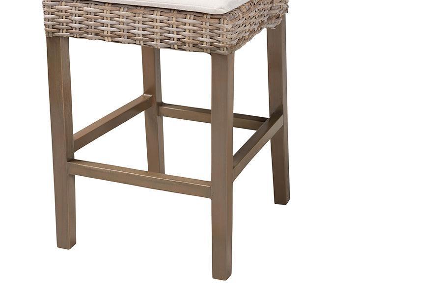 bali & pari Toby Modern Bohemian Grey Kubu Rattan and Rustic Taupe Finished Mahogany Wood Counter Stool FredCo