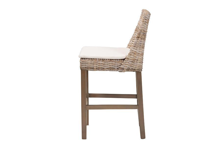 bali & pari Toby Modern Bohemian Grey Kubu Rattan and Rustic Taupe Finished Mahogany Wood Counter Stool FredCo