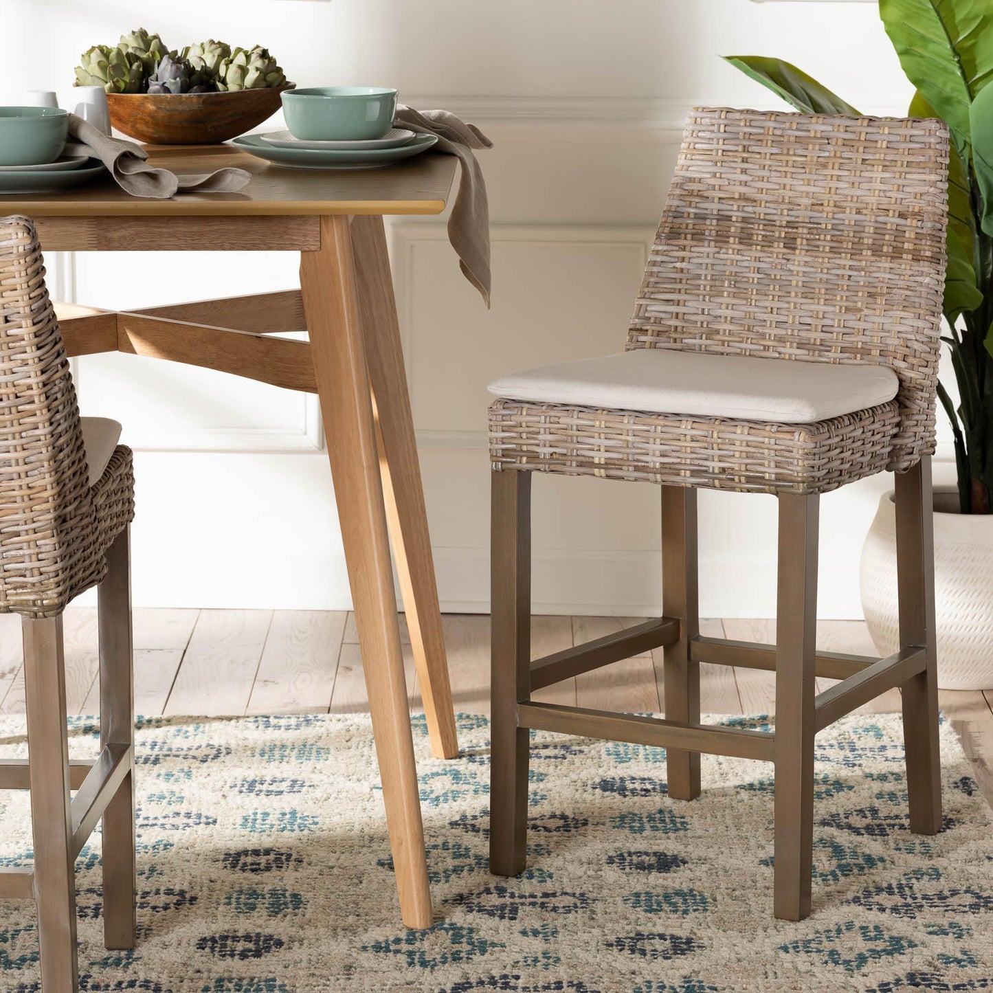 bali & pari Toby Modern Bohemian Grey Kubu Rattan and Rustic Taupe Finished Mahogany Wood Counter Stool FredCo