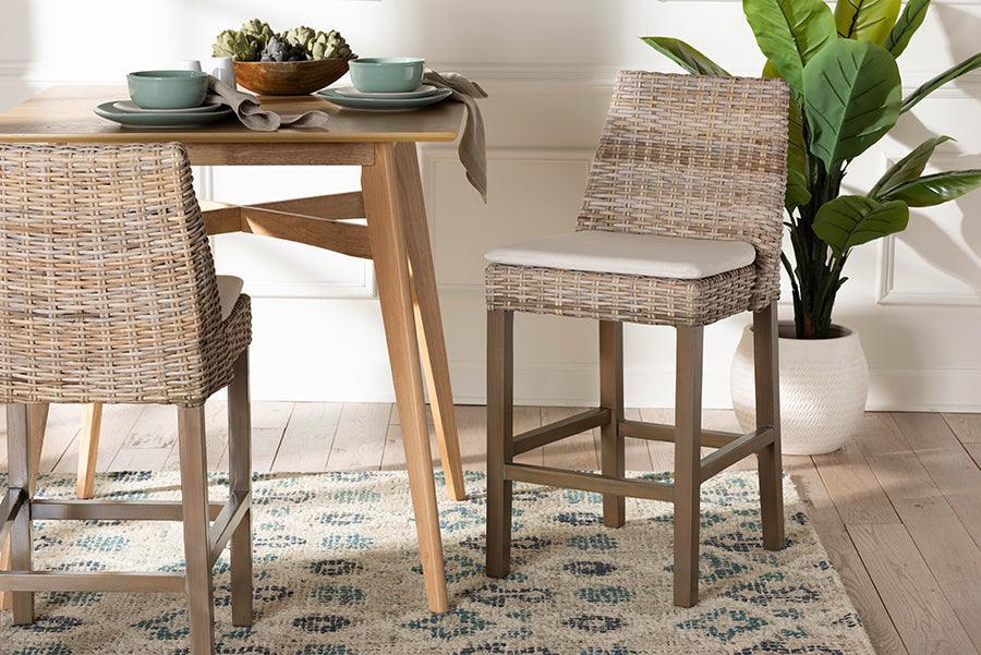 bali & pari Toby Modern Bohemian Grey Kubu Rattan and Rustic Taupe Finished Mahogany Wood Counter Stool FredCo