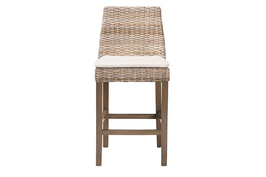 bali & pari Toby Modern Bohemian Grey Kubu Rattan and Rustic Taupe Finished Mahogany Wood Counter Stool FredCo