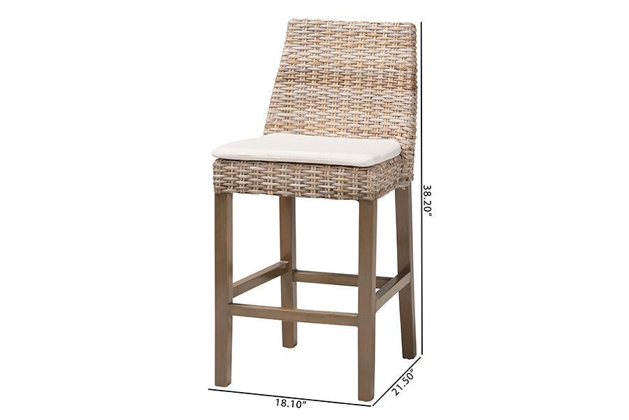 bali & pari Toby Modern Bohemian Grey Kubu Rattan and Rustic Taupe Finished Mahogany Wood Counter Stool FredCo