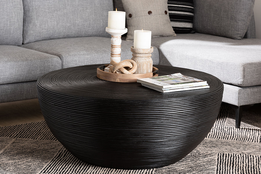 bali & pari Tokyo Laminated Natural Rattan Coffee Table - Handcrafted Bowl-Shaped Center Table for Living Room, Coastal Boho Style Furniture in Black FredCo