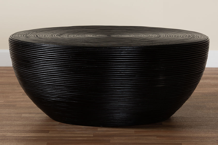 bali & pari Tokyo Laminated Natural Rattan Coffee Table - Handcrafted Bowl-Shaped Center Table for Living Room, Coastal Boho Style Furniture in Black FredCo
