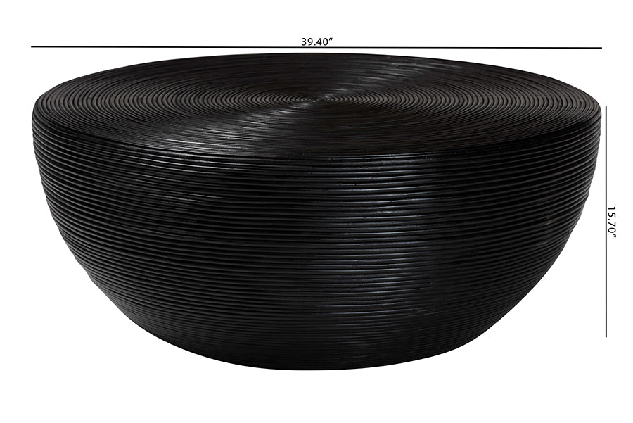 bali & pari Tokyo Laminated Natural Rattan Coffee Table - Handcrafted Bowl-Shaped Center Table for Living Room, Coastal Boho Style Furniture in Black FredCo