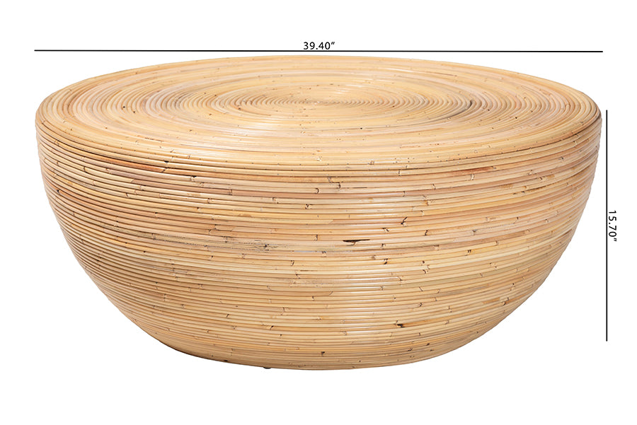 bali & pari Tokyo Laminated Natural Rattan Coffee Table - Handcrafted Bowl-Shaped Center Table for Living Room, Coastal Boho Style Furniture in Natural Brown FredCo