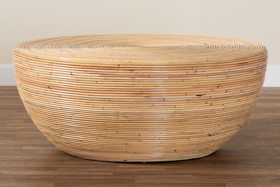 bali & pari Tokyo Laminated Natural Rattan Coffee Table - Handcrafted Bowl-Shaped Center Table for Living Room, Coastal Boho Style Furniture in Natural Brown FredCo