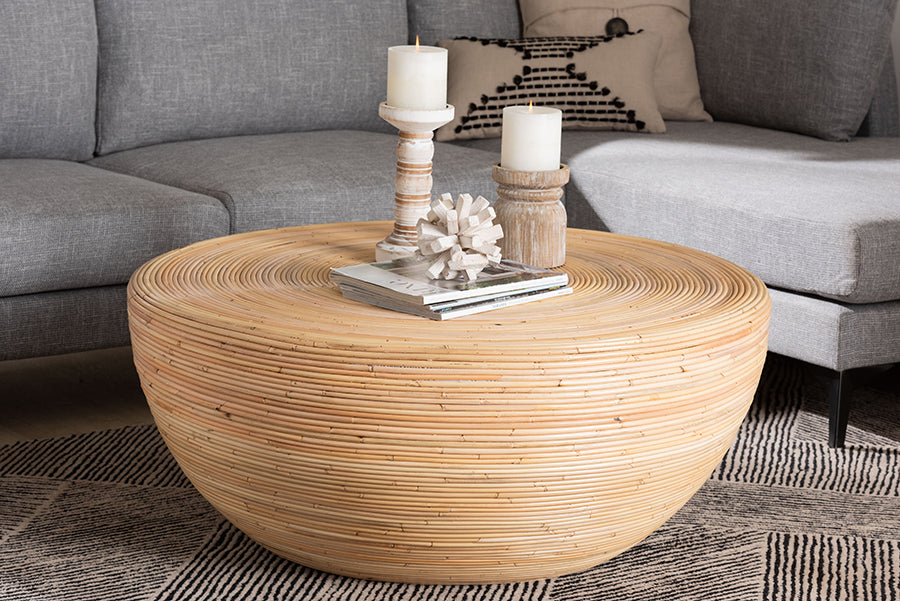 bali & pari Tokyo Laminated Natural Rattan Coffee Table - Handcrafted Bowl-Shaped Center Table for Living Room, Coastal Boho Style Furniture in Natural Brown FredCo