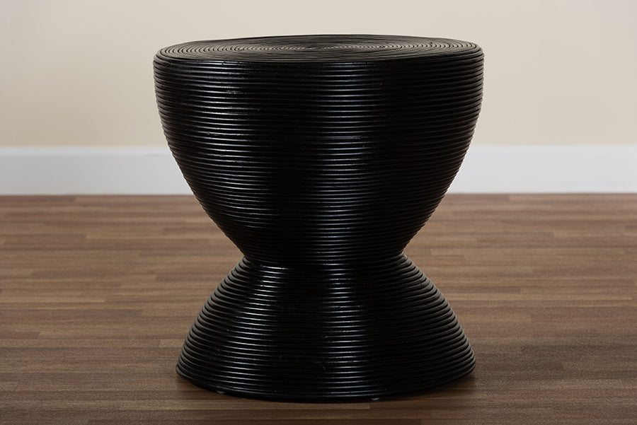 bali & pari Tokyo Laminated Natural Rattan Side Table - Hourglass Accent Table with Modern Sculptural Design, Boho Chic Style for Living Room or Bedroom, Black FredCo