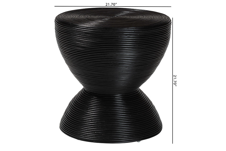 bali & pari Tokyo Laminated Natural Rattan Side Table - Hourglass Accent Table with Modern Sculptural Design, Boho Chic Style for Living Room or Bedroom, Black FredCo