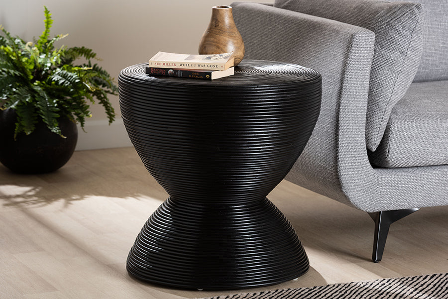 bali & pari Tokyo Laminated Natural Rattan Side Table - Hourglass Accent Table with Modern Sculptural Design, Boho Chic Style for Living Room or Bedroom, Black FredCo