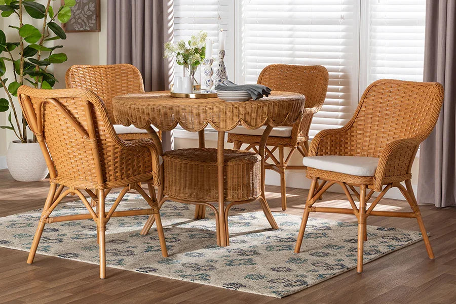 bali & pari Tucson 5-Piece Rattan Dining Set - Round Wicker Table with Scallop Edge and 4 Armchairs, Handwoven Boho Coastal Style for Dining, Kitchen or Sun Room, Light Honey FredCo