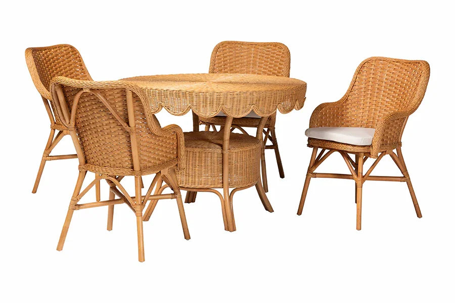 bali & pari Tucson 5-Piece Rattan Dining Set - Round Wicker Table with Scallop Edge and 4 Armchairs, Handwoven Boho Coastal Style for Dining, Kitchen or Sun Room, Light Honey FredCo
