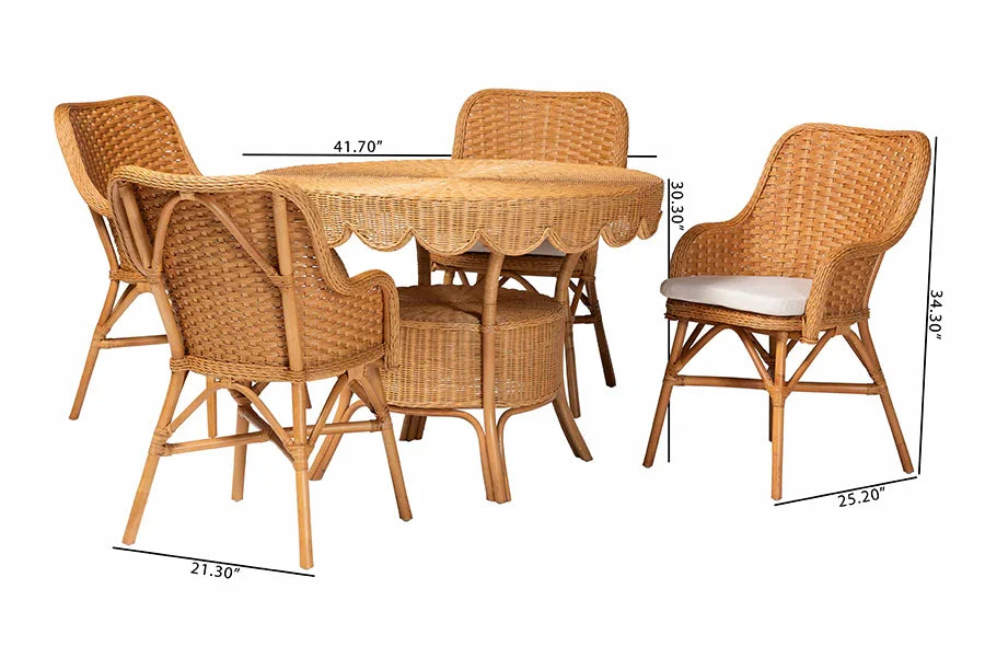 bali & pari Tucson 5-Piece Rattan Dining Set - Round Wicker Table with Scallop Edge and 4 Armchairs, Handwoven Boho Coastal Style for Dining, Kitchen or Sun Room, Light Honey FredCo