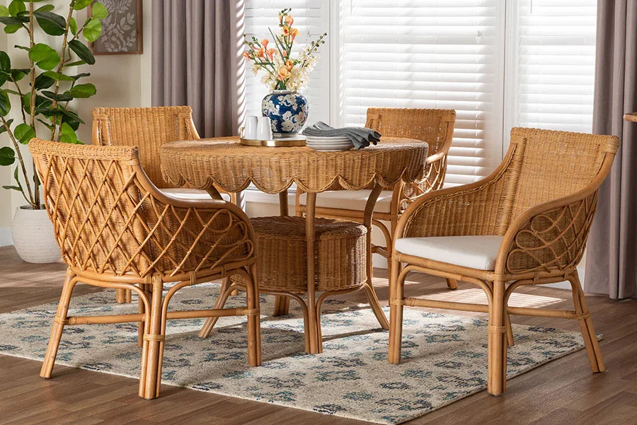bali & pari Tudor 5-Piece Rattan Dining Set - Round Wicker Table with Scallop Edge and 4 Armchairs, Handwoven Boho Coastal Style for Dining, Kitchen or Sun Room, Light Honey FredCo