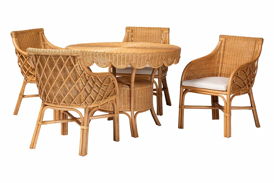 bali & pari Tudor 5-Piece Rattan Dining Set - Round Wicker Table with Scallop Edge and 4 Armchairs, Handwoven Boho Coastal Style for Dining, Kitchen or Sun Room, Light Honey FredCo