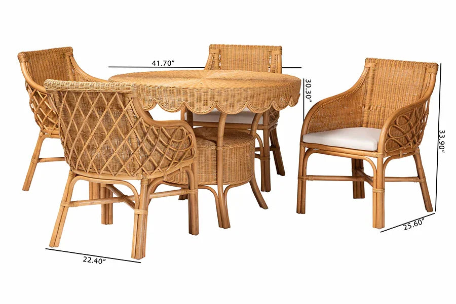 bali & pari Tudor 5-Piece Rattan Dining Set - Round Wicker Table with Scallop Edge and 4 Armchairs, Handwoven Boho Coastal Style for Dining, Kitchen or Sun Room, Light Honey FredCo