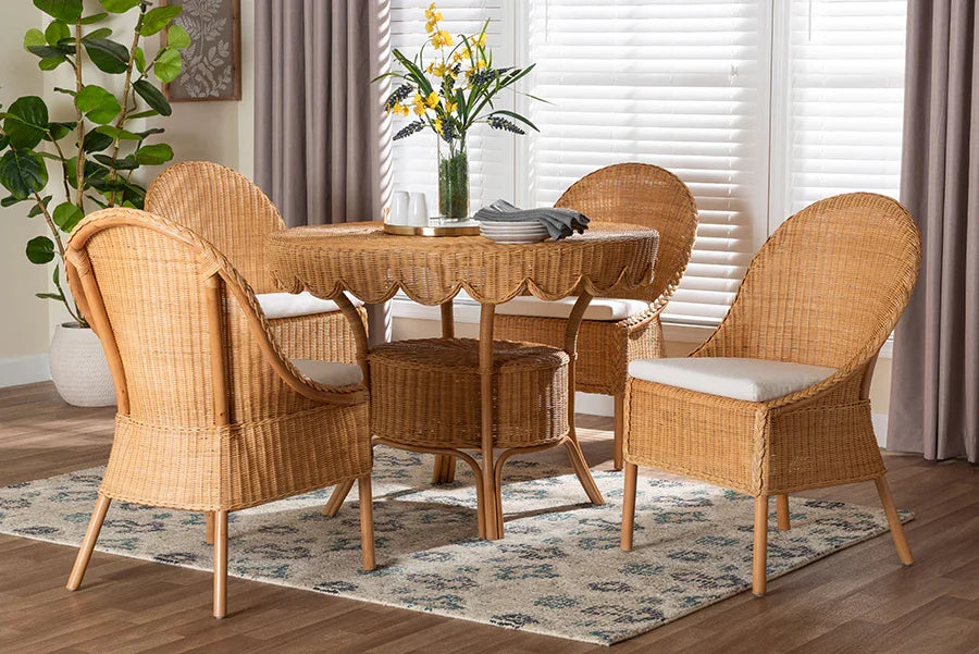 bali & pari Tyrone 5-Piece Rattan Dining Set - Round Wicker Table with Scallop Edge and 4 Side Chairs, Handwoven Boho Coastal Style for Dining, Kitchen or Sun Room, Light Honey FredCo
