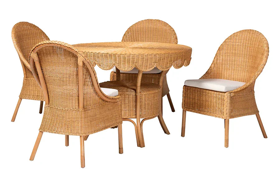 bali & pari Tyrone 5-Piece Rattan Dining Set - Round Wicker Table with Scallop Edge and 4 Side Chairs, Handwoven Boho Coastal Style for Dining, Kitchen or Sun Room, Light Honey FredCo