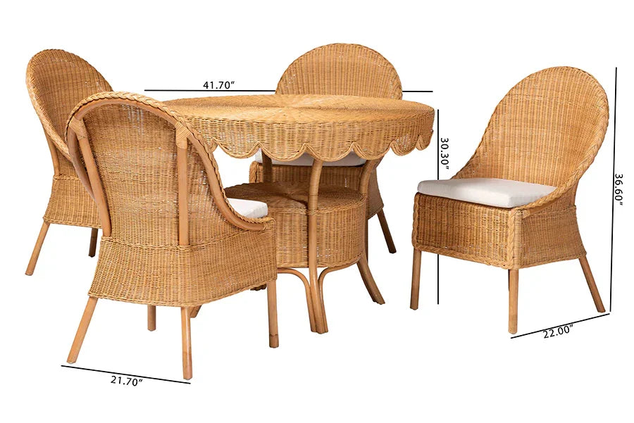 bali & pari Tyrone 5-Piece Rattan Dining Set - Round Wicker Table with Scallop Edge and 4 Side Chairs, Handwoven Boho Coastal Style for Dining, Kitchen or Sun Room, Light Honey FredCo