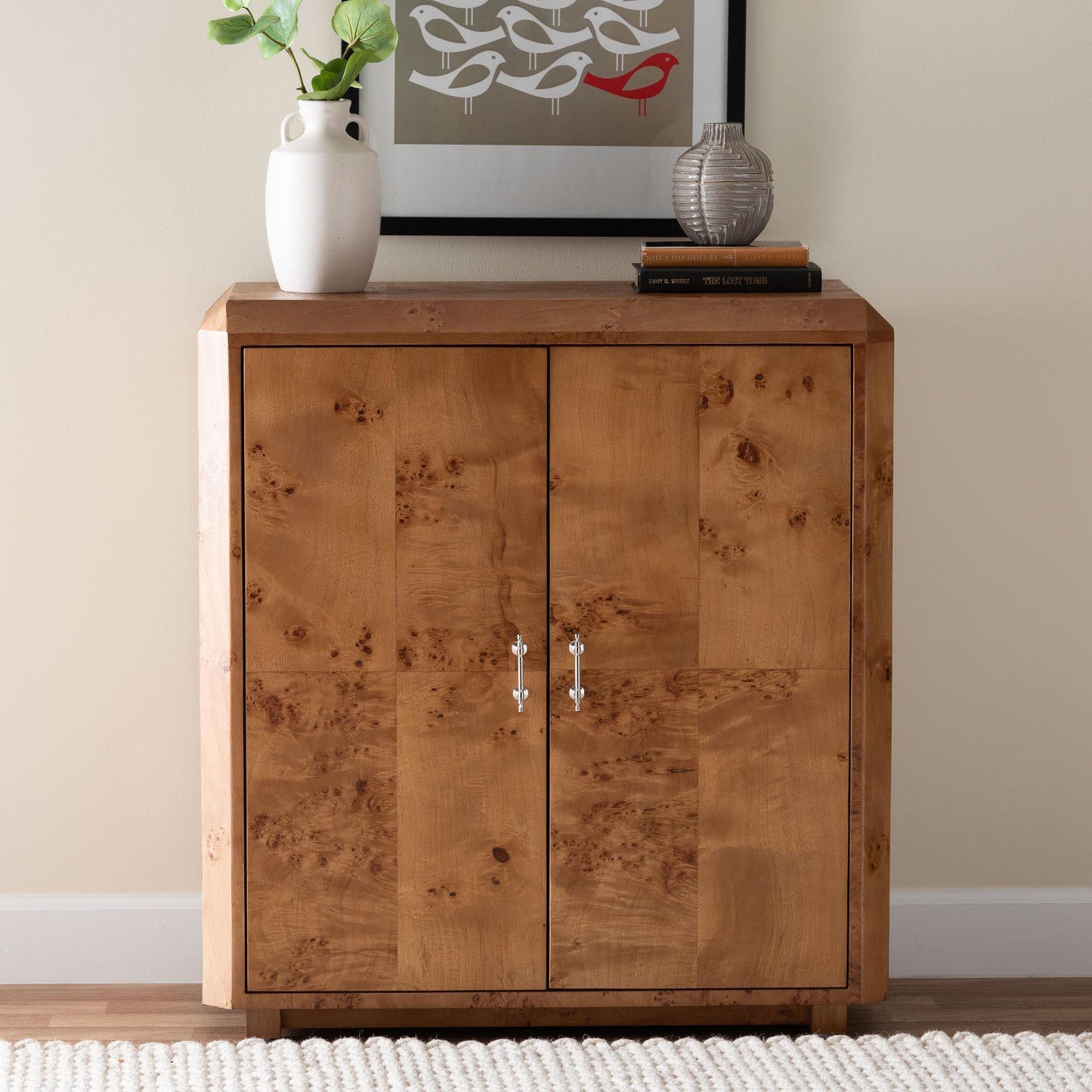 bali & pari Valora Modern and Contemporary Natural Mappa Burl Wood 2-Door Console Cabinet FredCo