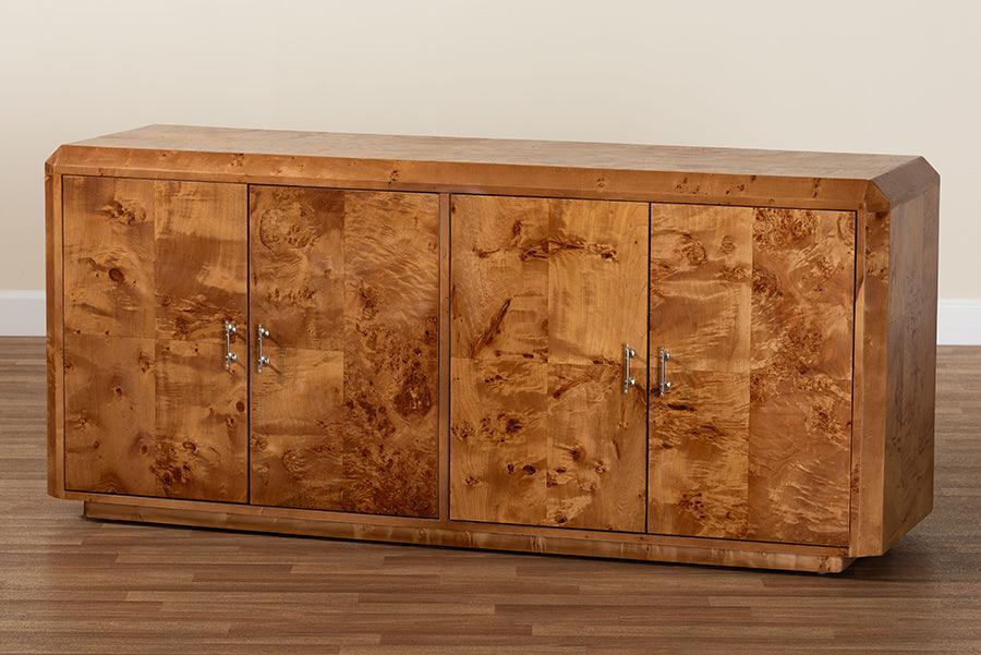 bali & pari Valora Modern and Contemporary Natural Mappa Burl Wood 4-Door Sideboard Buffet FredCo