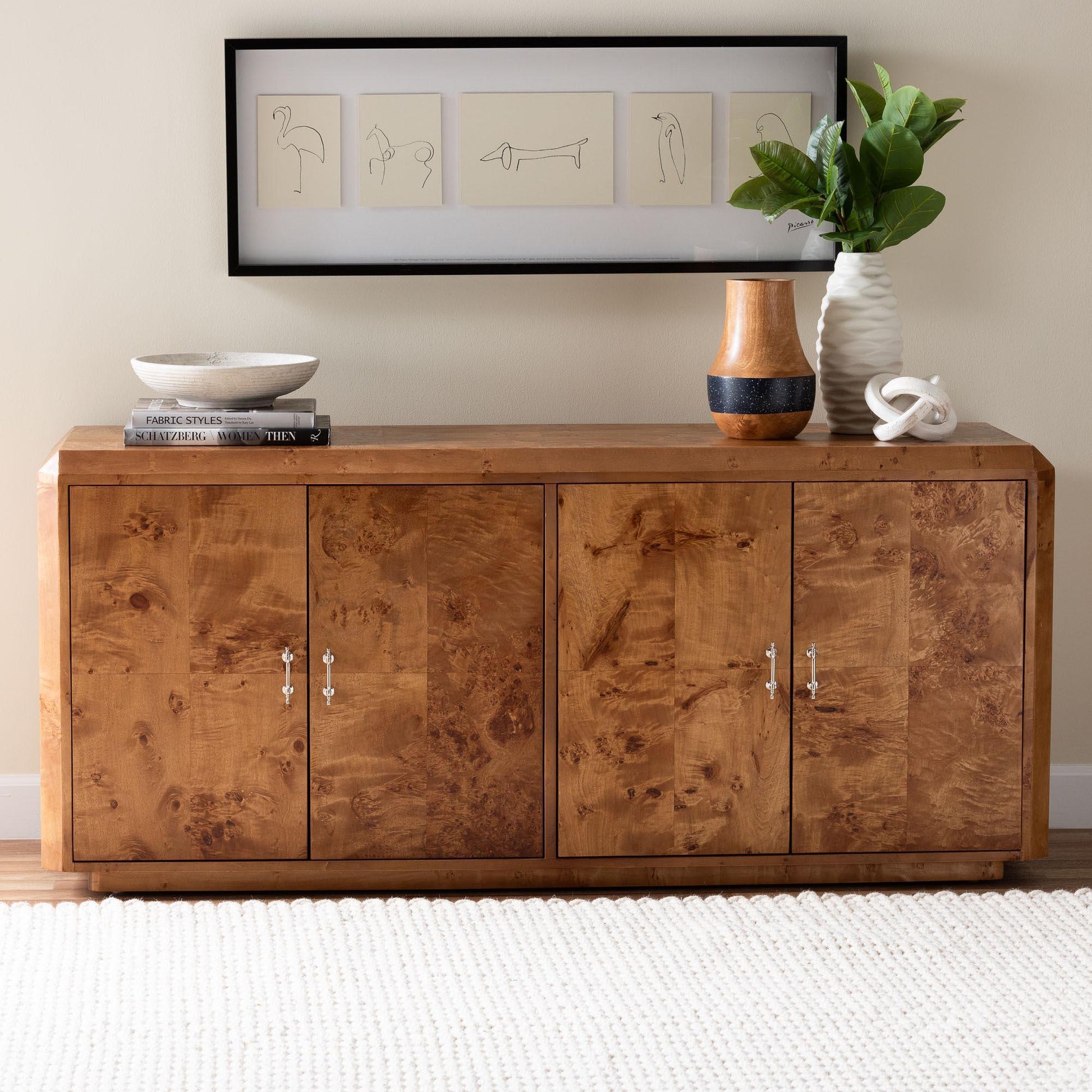 bali & pari Valora Modern and Contemporary Natural Mappa Burl Wood 4-Door Sideboard Buffet FredCo