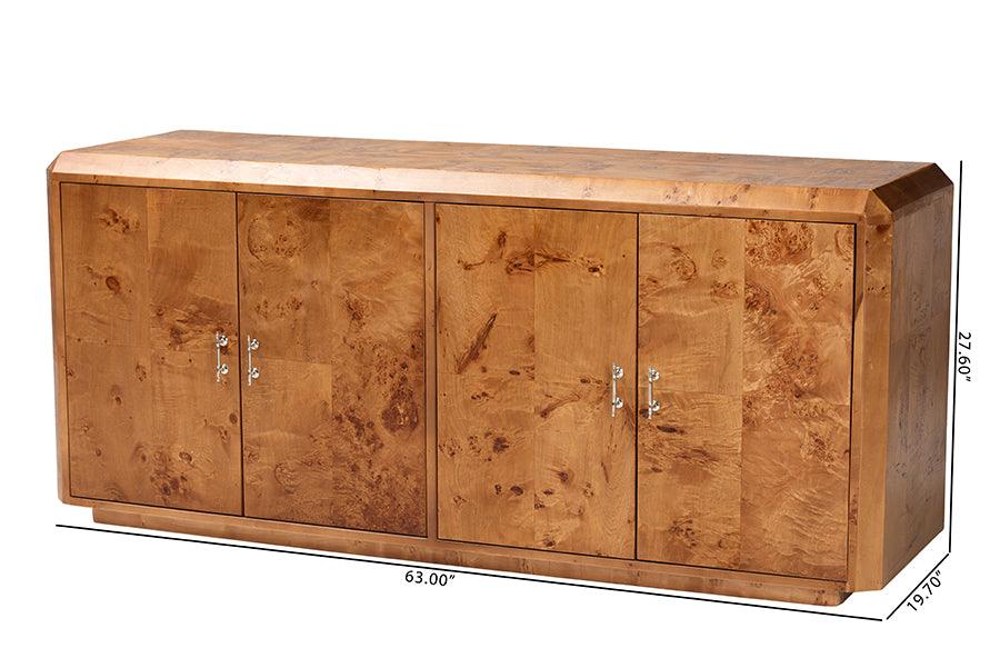 bali & pari Valora Modern and Contemporary Natural Mappa Burl Wood 4-Door Sideboard Buffet FredCo