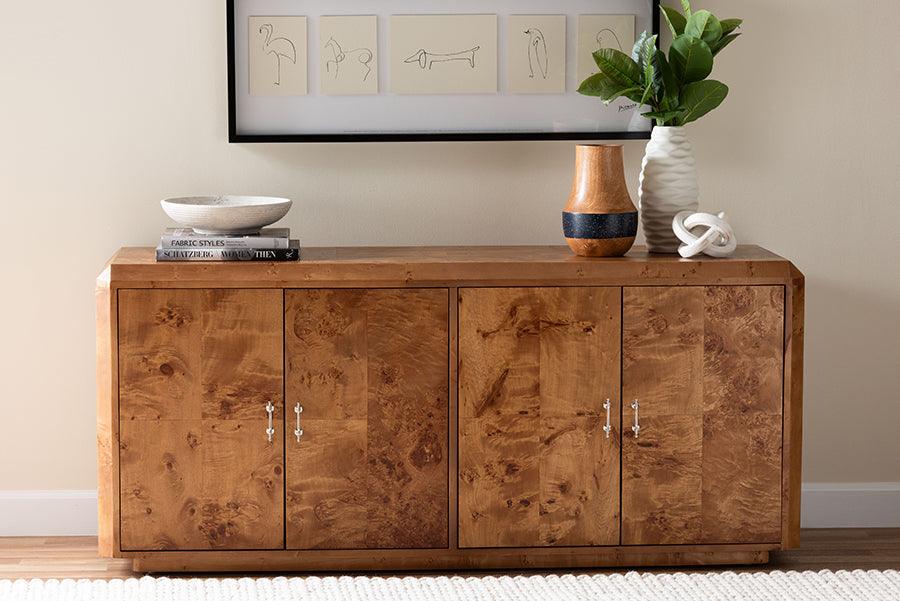 bali & pari Valora Modern and Contemporary Natural Mappa Burl Wood 4-Door Sideboard Buffet FredCo