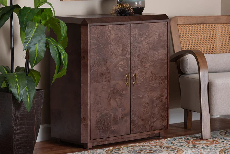 bali & pari Valora Real Burl Wood Storage Cabinet in Dark Walnut Brown - Modern Accent Cupboard with Double Doors and Brass Handles, Elegant Sideboard for Living Room, Entryway or Dining Area FredCo
